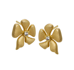 White CZ Brushed Finish Floral Stud Earrings (15MM) 