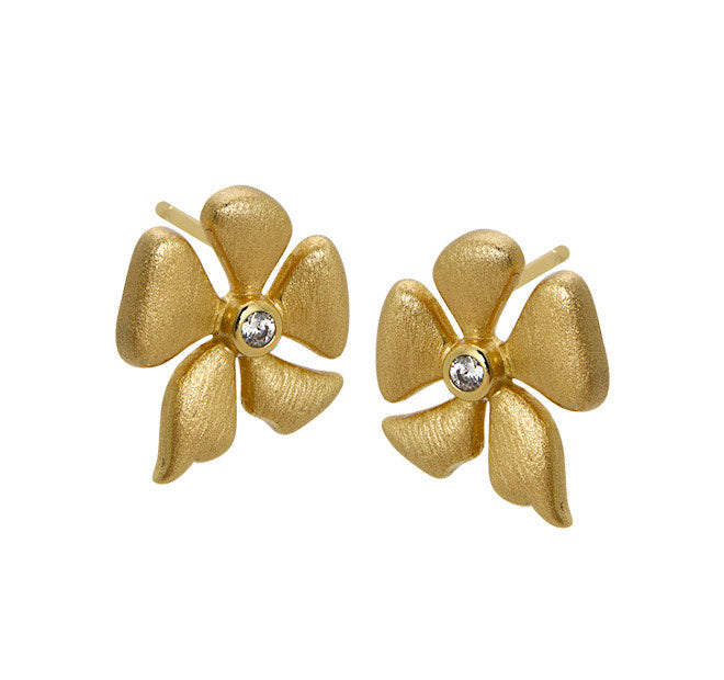 White CZ Brushed Finish Floral Stud Earrings (15MM) 